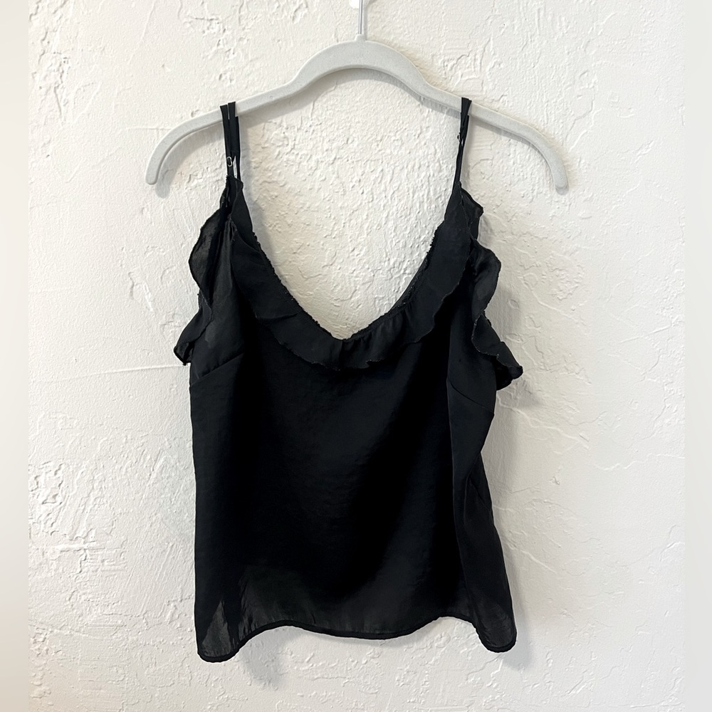 Free People Black Silk Tank with ruffles & adjustable straps. Size Small